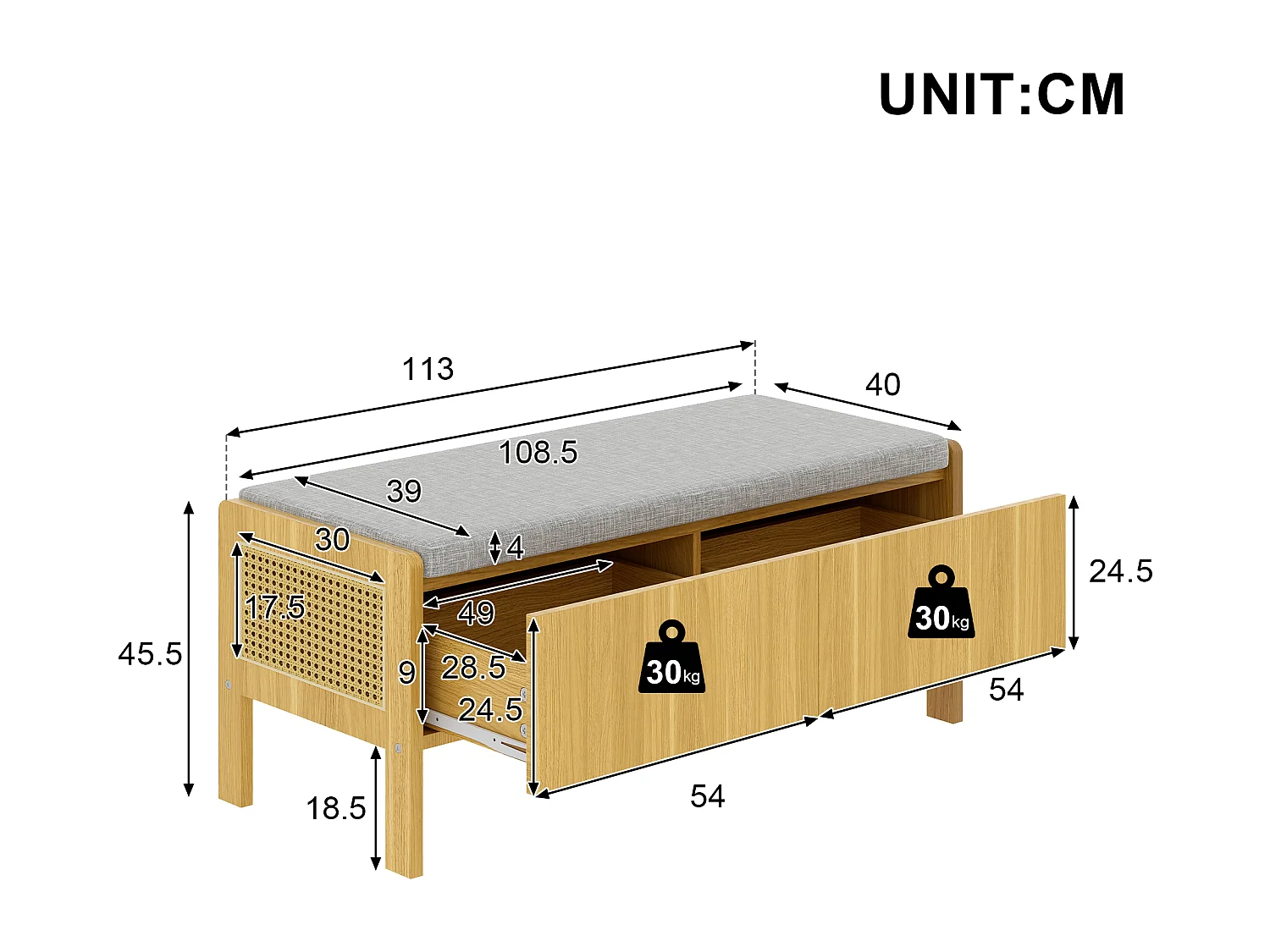 Banc à chaussures moderne - 113.5 x 45.5 x 40 cm - avec 2 tiroirs - MDF - naturel + gris