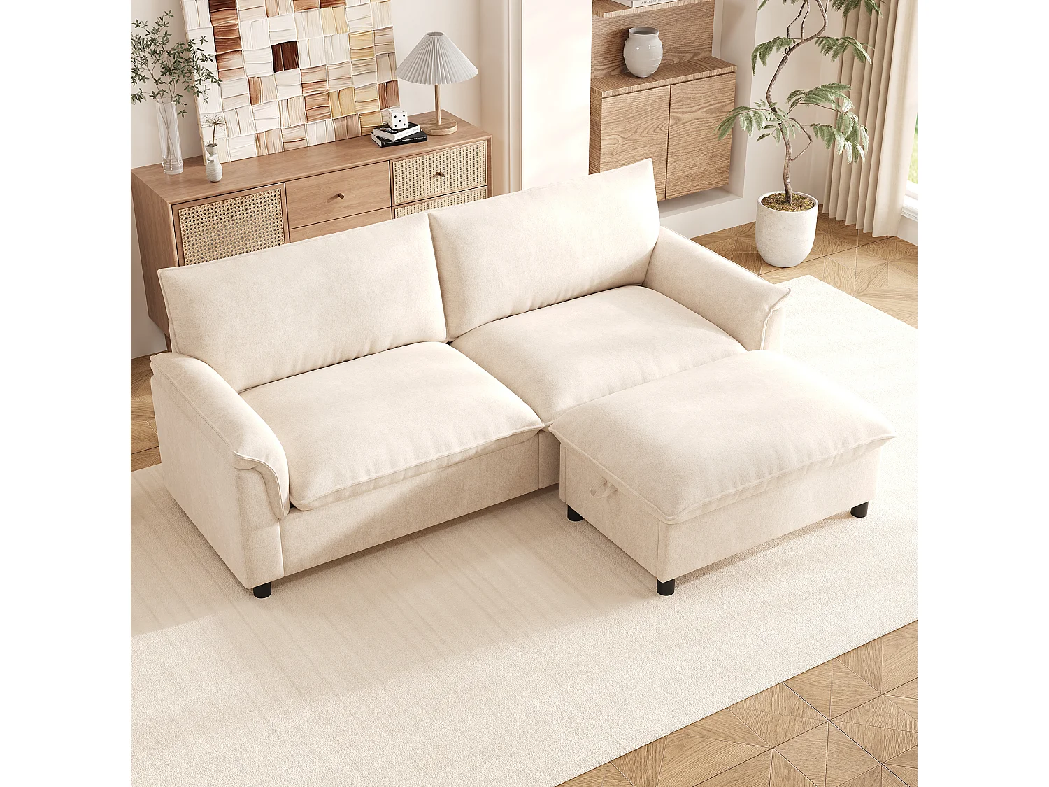 Modernes 2-Sitzer-Sofa – 216 x 77 x 82 cm – mit abnehmbarer Fußstütze mit Stauraum – Samt – beige
