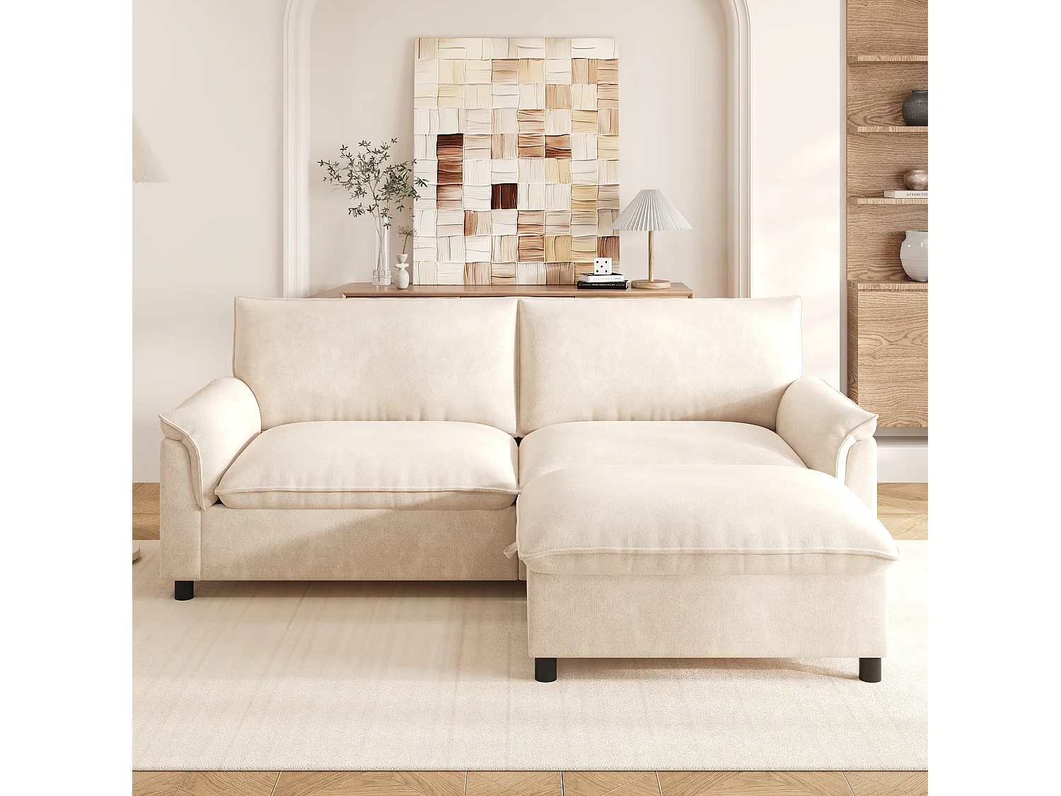 Modernes 2-Sitzer-Sofa – 216 x 77 x 82 cm – mit abnehmbarer Fußstütze mit Stauraum – Samt – beige