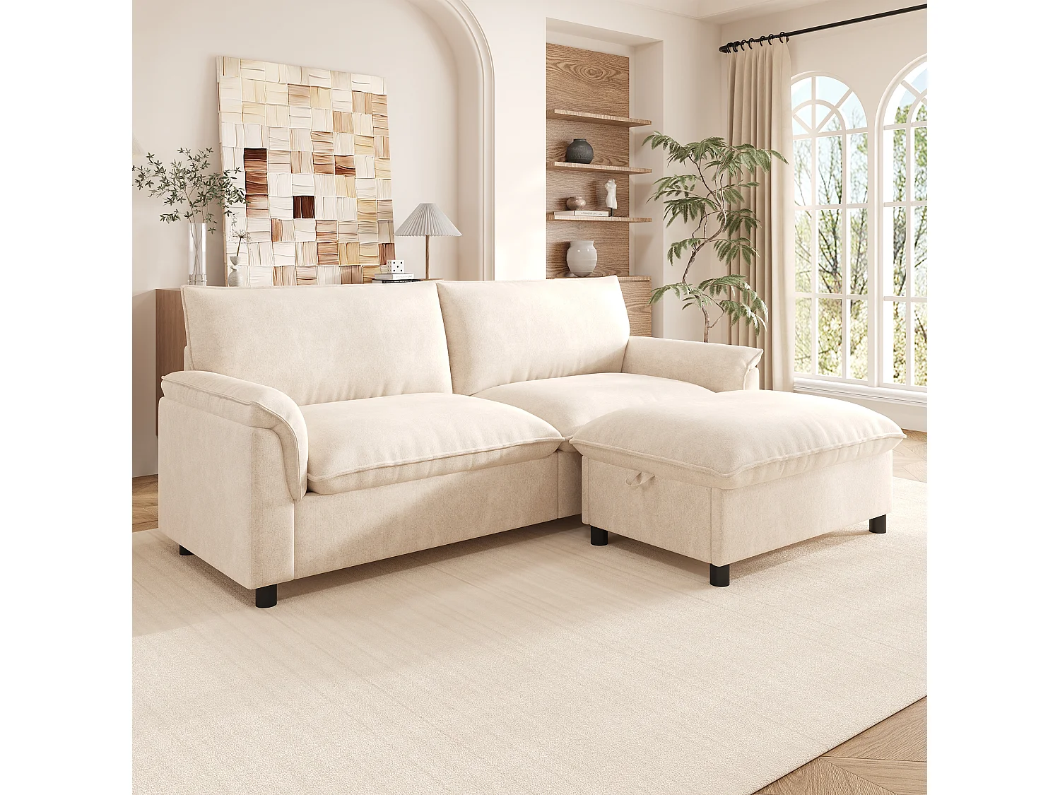 Modernes 2-Sitzer-Sofa – 216 x 77 x 82 cm – mit abnehmbarer Fußstütze mit Stauraum – Samt – beige