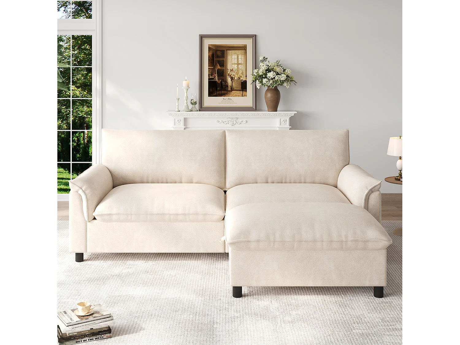 Modernes 2-Sitzer-Sofa – 216 x 77 x 82 cm – mit abnehmbarer Fußstütze mit Stauraum – Samt – beige