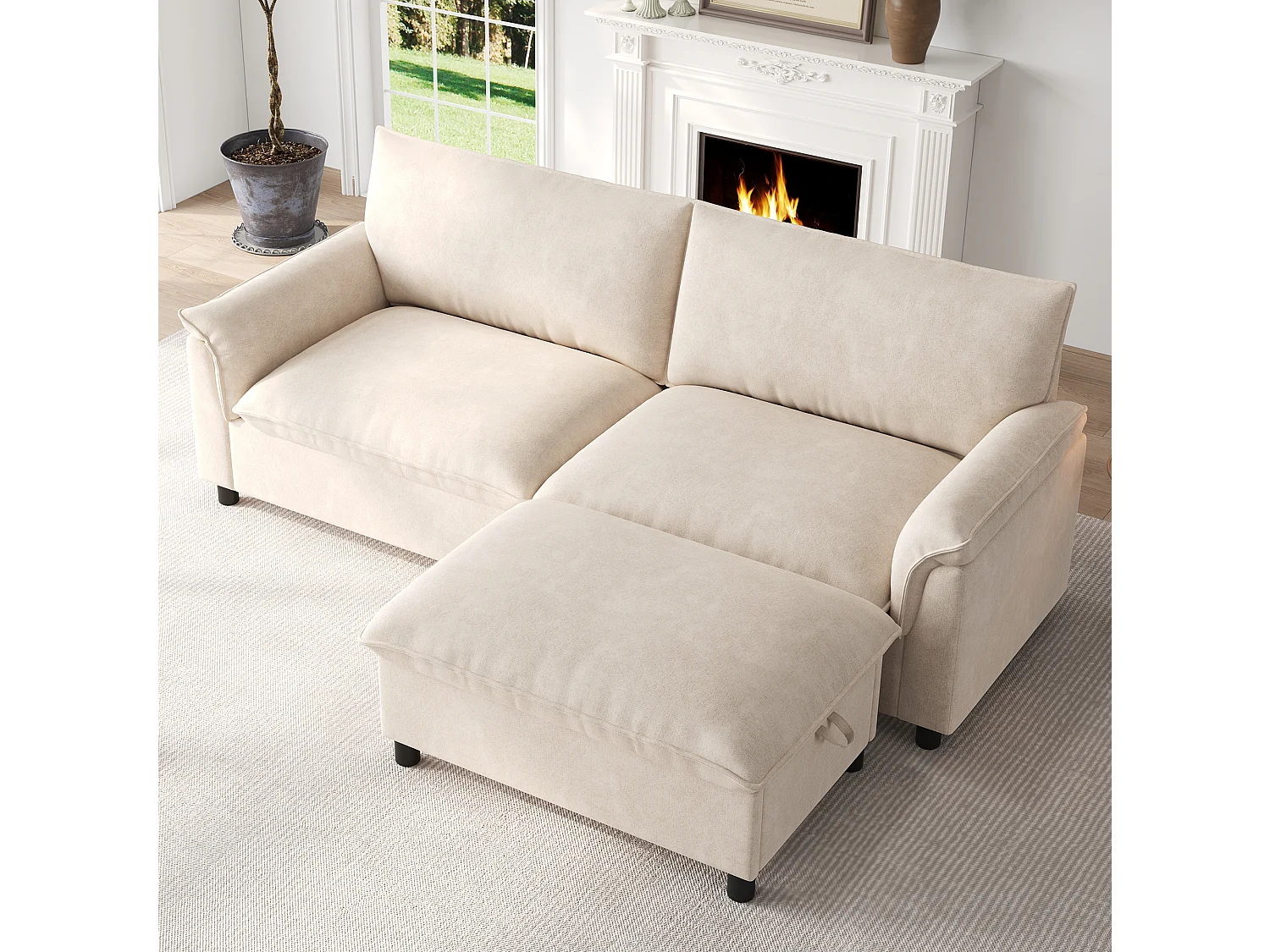 Modernes 2-Sitzer-Sofa – 216 x 77 x 82 cm – mit abnehmbarer Fußstütze mit Stauraum – Samt – beige