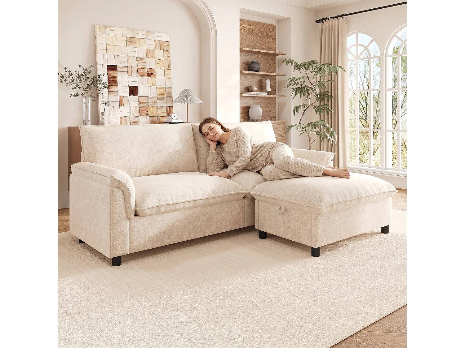 Modernes 2-Sitzer-Sofa – 216 x 77 x 82 cm – mit abnehmbarer Fußstütze mit Stauraum – Samt – beige