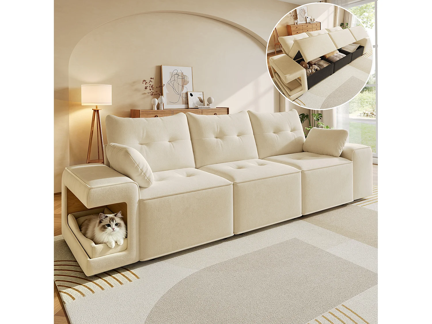 Canapé moderne 3 places - 229.5 x 78 x 84 cm - avec accoudoirs + rangement + espace pour animaux + 2 coussins - velours - beige