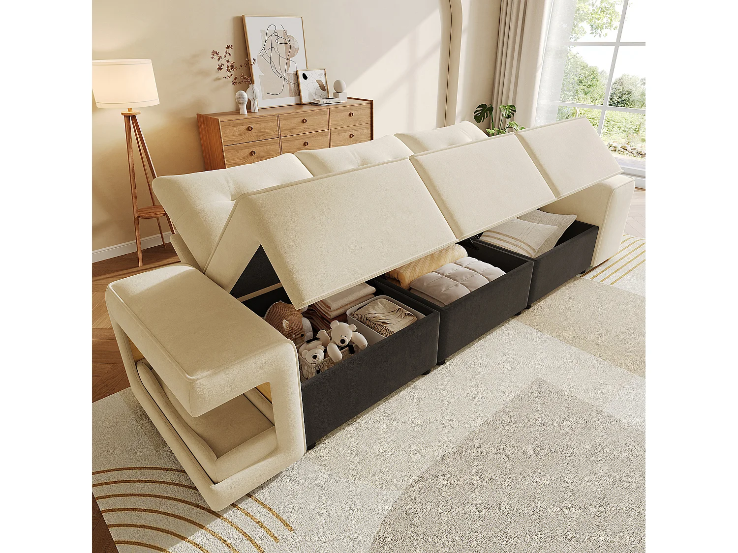 Canapé moderne 3 places - 229.5 x 78 x 84 cm - avec accoudoirs + rangement + espace pour animaux + 2 coussins - velours - beige