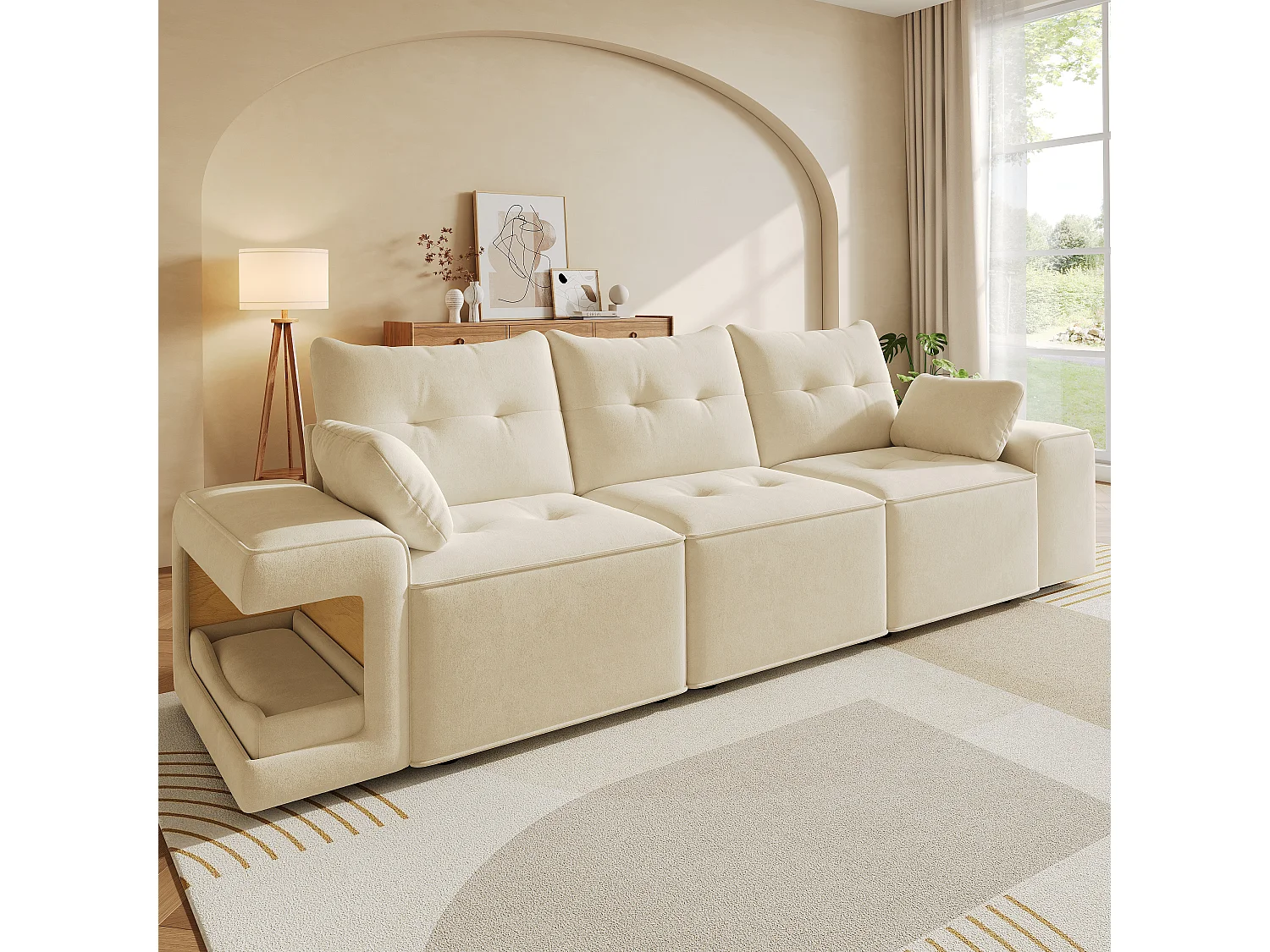 Canapé moderne 3 places - 229.5 x 78 x 84 cm - avec accoudoirs + rangement + espace pour animaux + 2 coussins - velours - beige