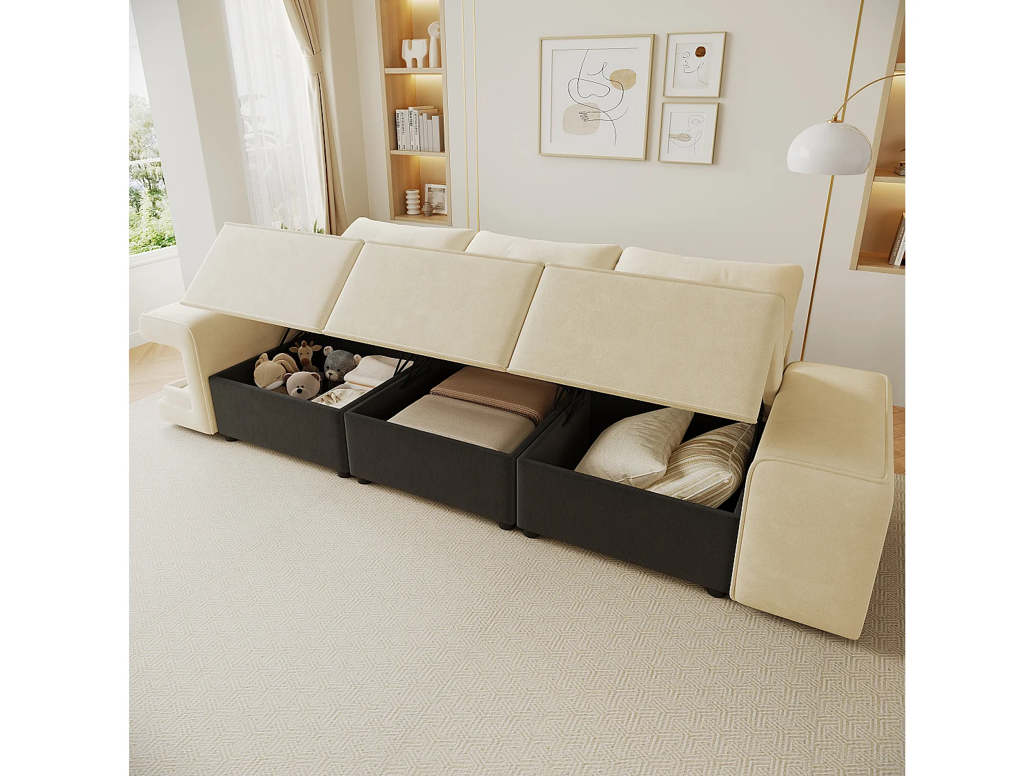Canapé moderne 3 places - 229.5 x 78 x 84 cm - avec accoudoirs + rangement + espace pour animaux + 2 coussins - velours - beige