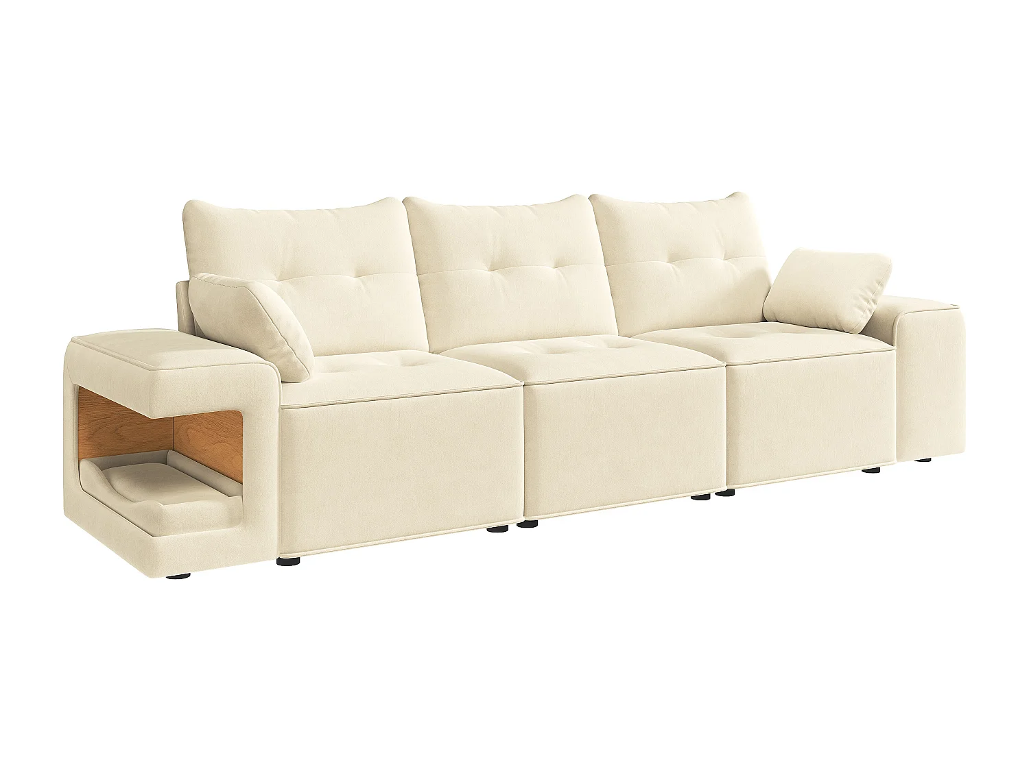 Canapé moderne 3 places - 229.5 x 78 x 84 cm - avec accoudoirs + rangement + espace pour animaux + 2 coussins - velours - beige