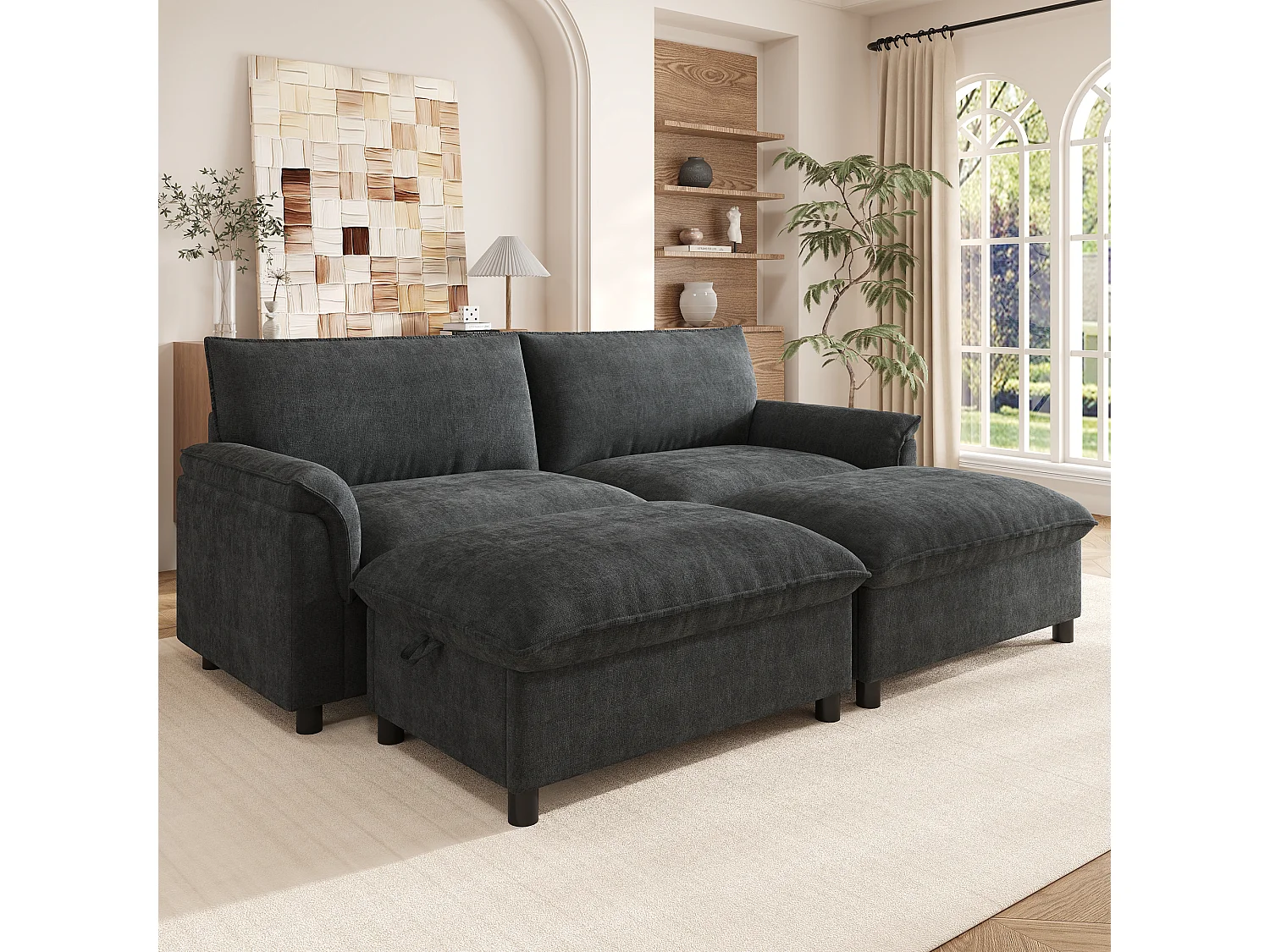 Moderne 2-zitsbank - 216 x 77 x 82 cm - met 2 verwijderbare voetensteunen met opbergruimte - fluweel - zwart