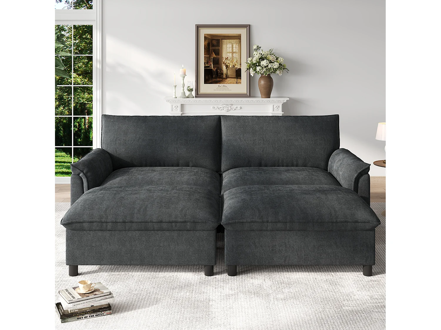 Moderne 2-zitsbank - 216 x 77 x 82 cm - met 2 verwijderbare voetensteunen met opbergruimte - fluweel - zwart