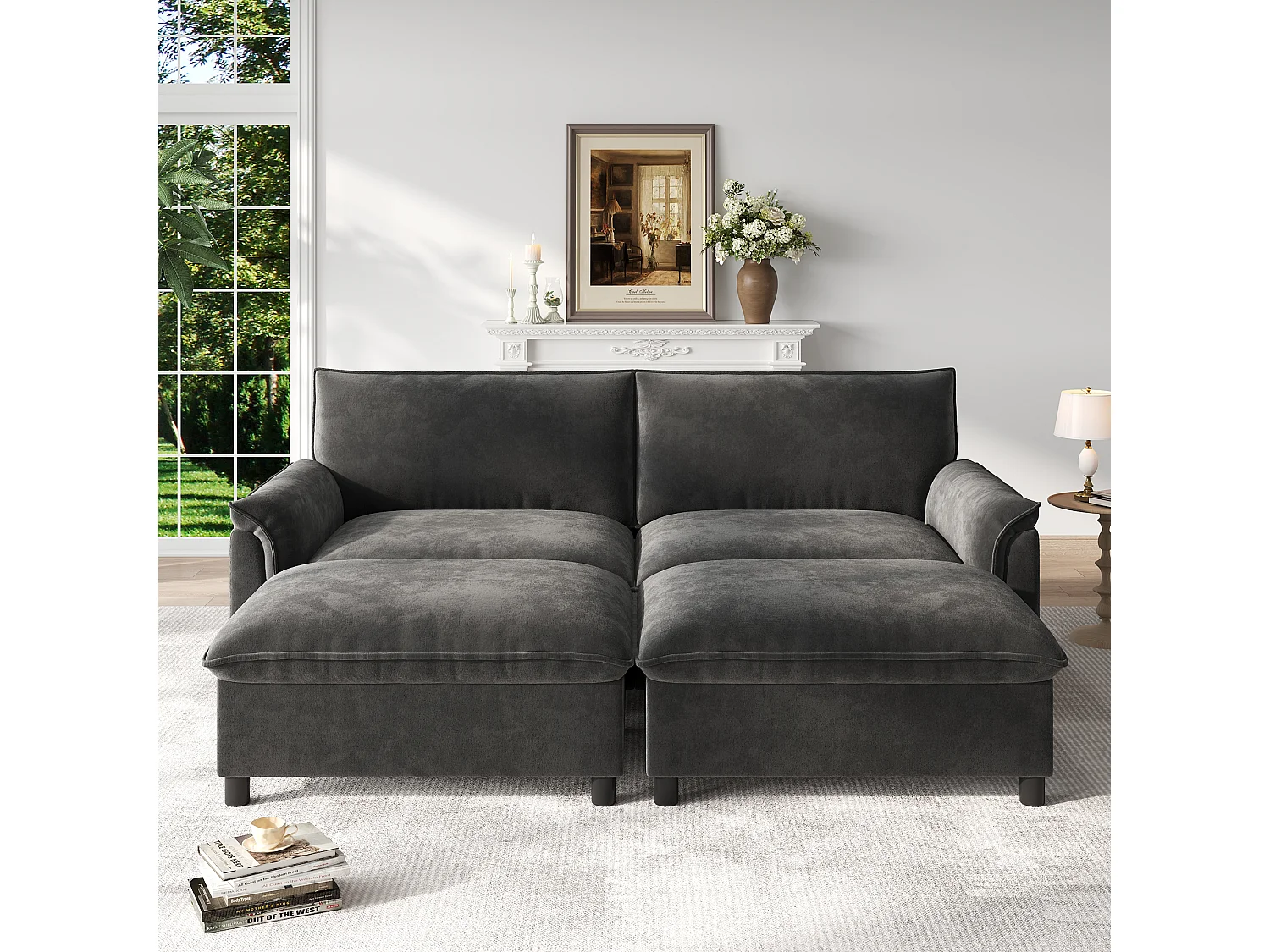 Moderne 2-zitsbank - 216 x 77 x 82 cm - met 2 verwijderbare voetensteunen met opbergruimte - fluweel - zwart