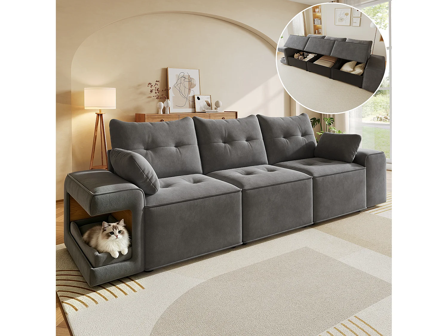 Canapé moderne 3 places - 229.5 x 78 x 84 cm - avec accoudoirs + rangement + espace pour animaux + 2 coussins - velours - gris