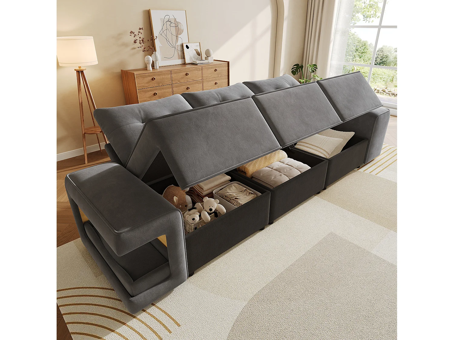 Canapé moderne 3 places - 229.5 x 78 x 84 cm - avec accoudoirs + rangement + espace pour animaux + 2 coussins - velours - gris