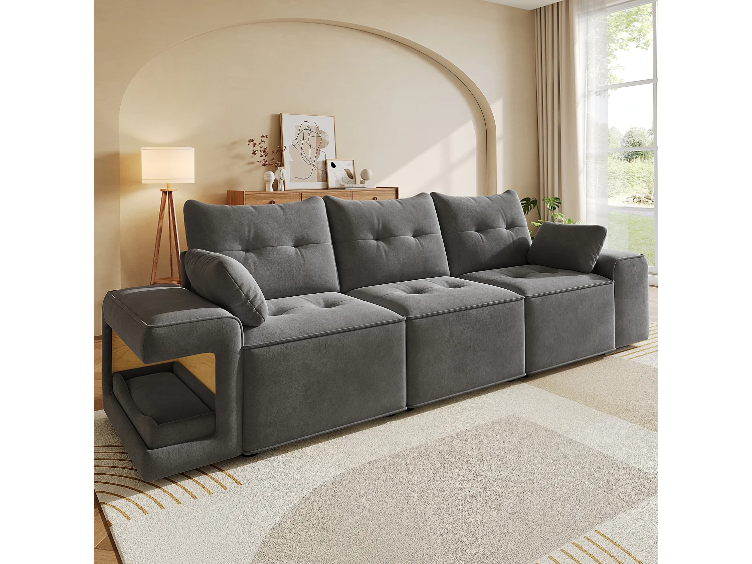 Canapé moderne 3 places - 229.5 x 78 x 84 cm - avec accoudoirs + rangement + espace pour animaux + 2 coussins - velours - gris