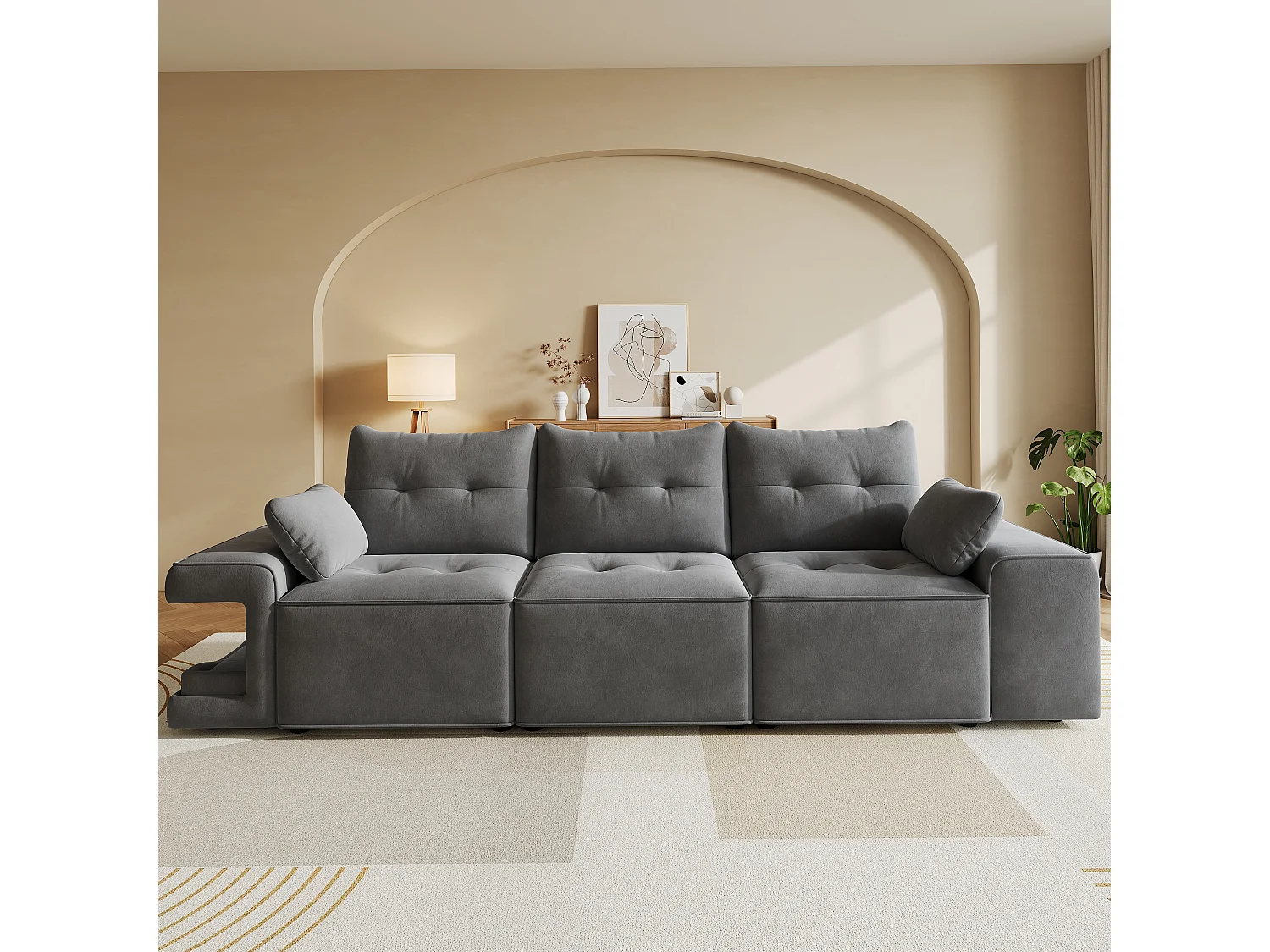 Canapé moderne 3 places - 229.5 x 78 x 84 cm - avec accoudoirs + rangement + espace pour animaux + 2 coussins - velours - gris