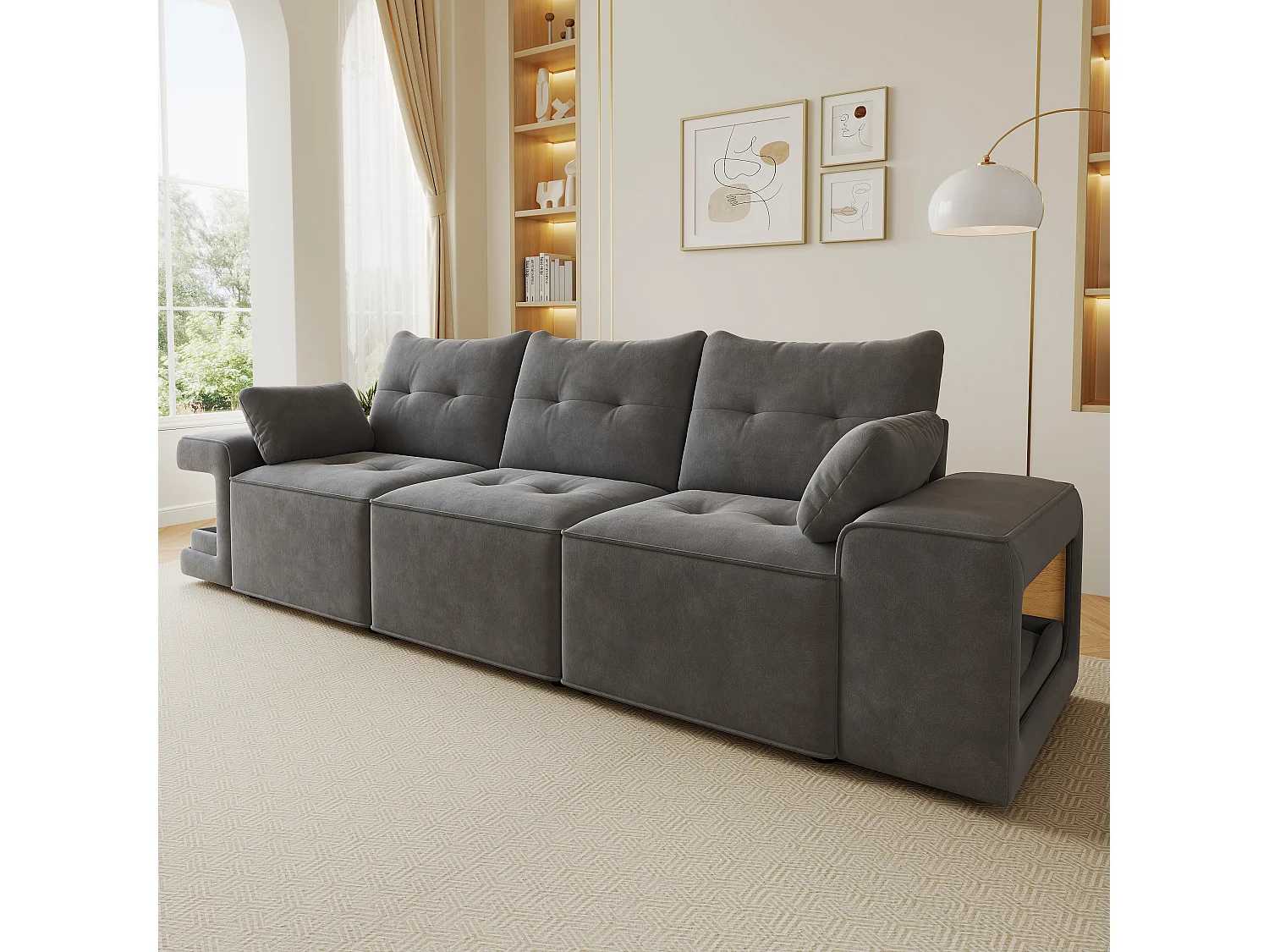 Canapé moderne 3 places - 229.5 x 78 x 84 cm - avec accoudoirs + rangement + espace pour animaux + 2 coussins - velours - gris
