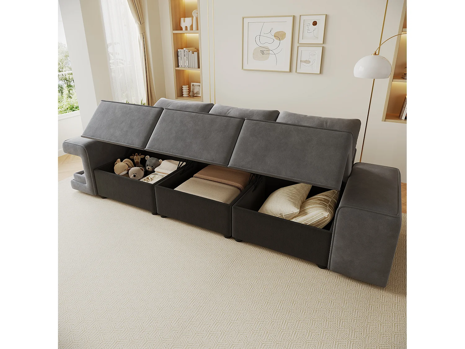 Canapé moderne 3 places - 229.5 x 78 x 84 cm - avec accoudoirs + rangement + espace pour animaux + 2 coussins - velours - gris