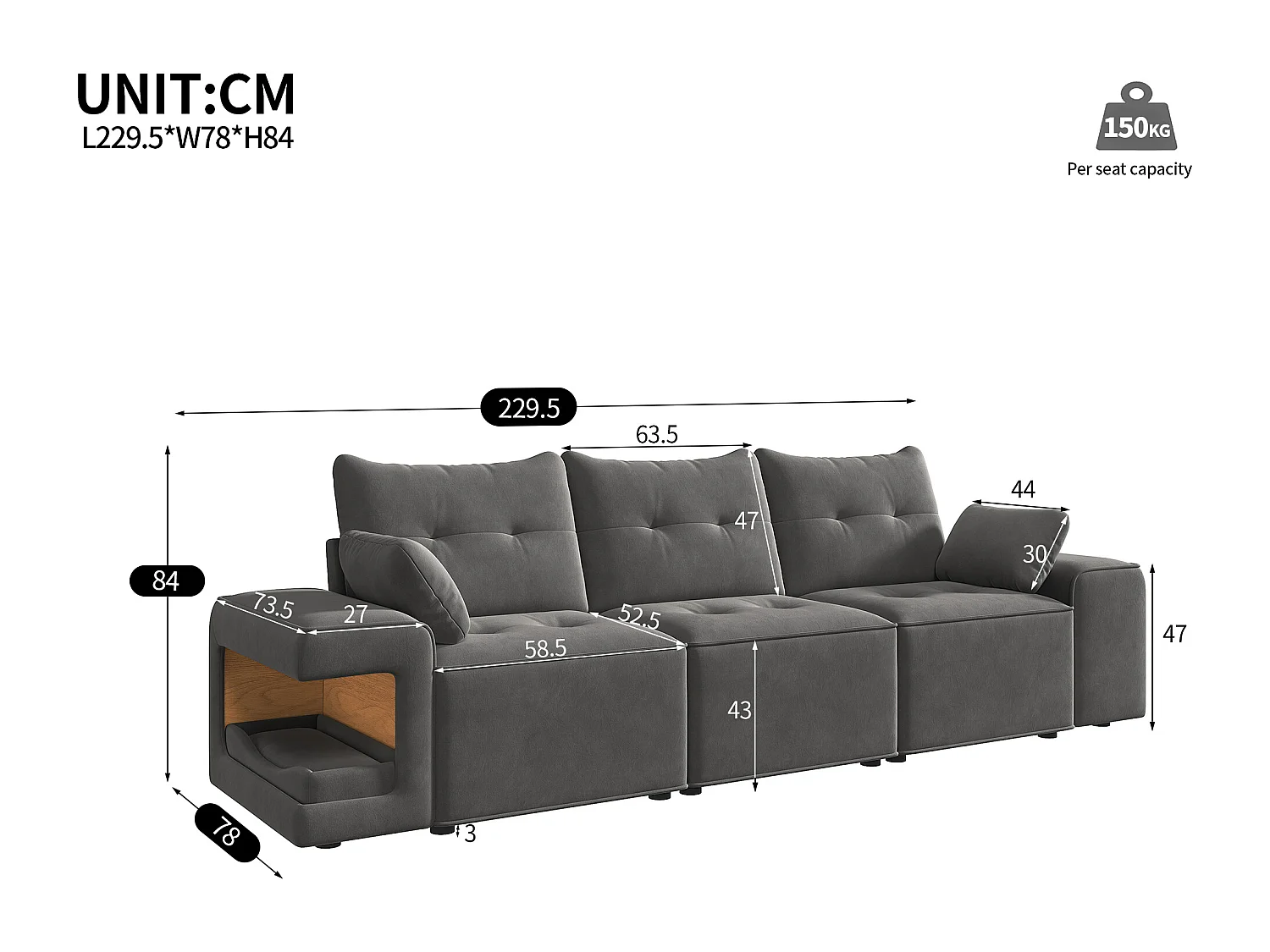 Canapé moderne 3 places - 229.5 x 78 x 84 cm - avec accoudoirs + rangement + espace pour animaux + 2 coussins - velours - gris