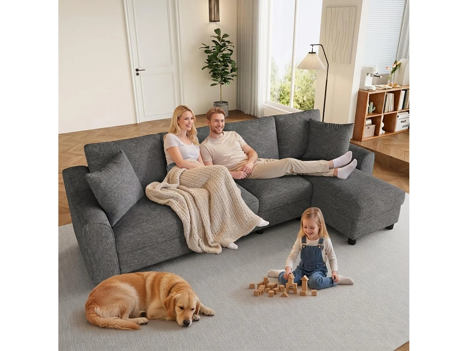 Canapé d'angle moderne 3 places - avec méridienne de rangement - dossier rabattable avec porte-gobelets - velours - gris