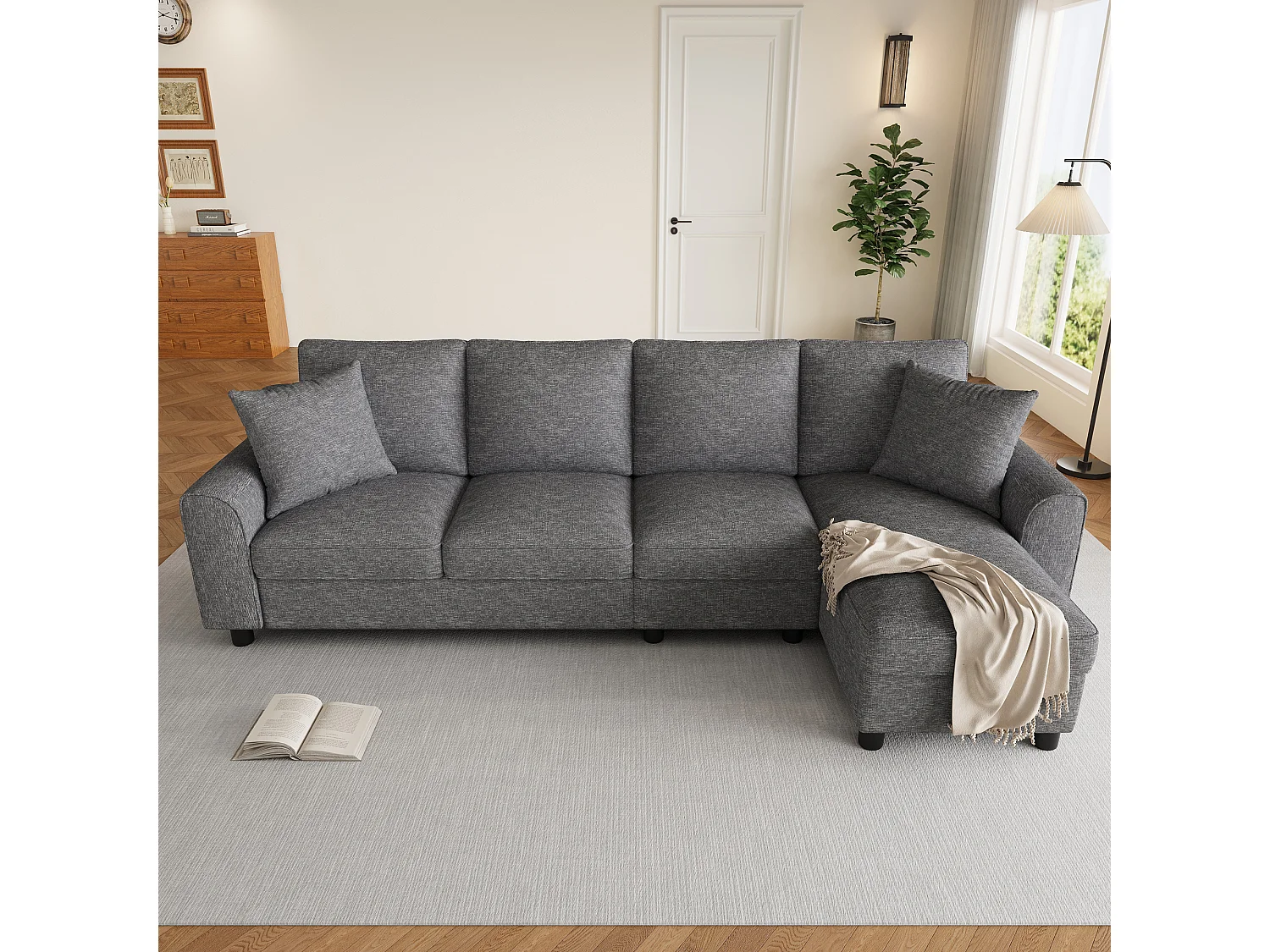 Canapé d'angle moderne 3 places - avec méridienne de rangement - dossier rabattable avec porte-gobelets - velours - gris