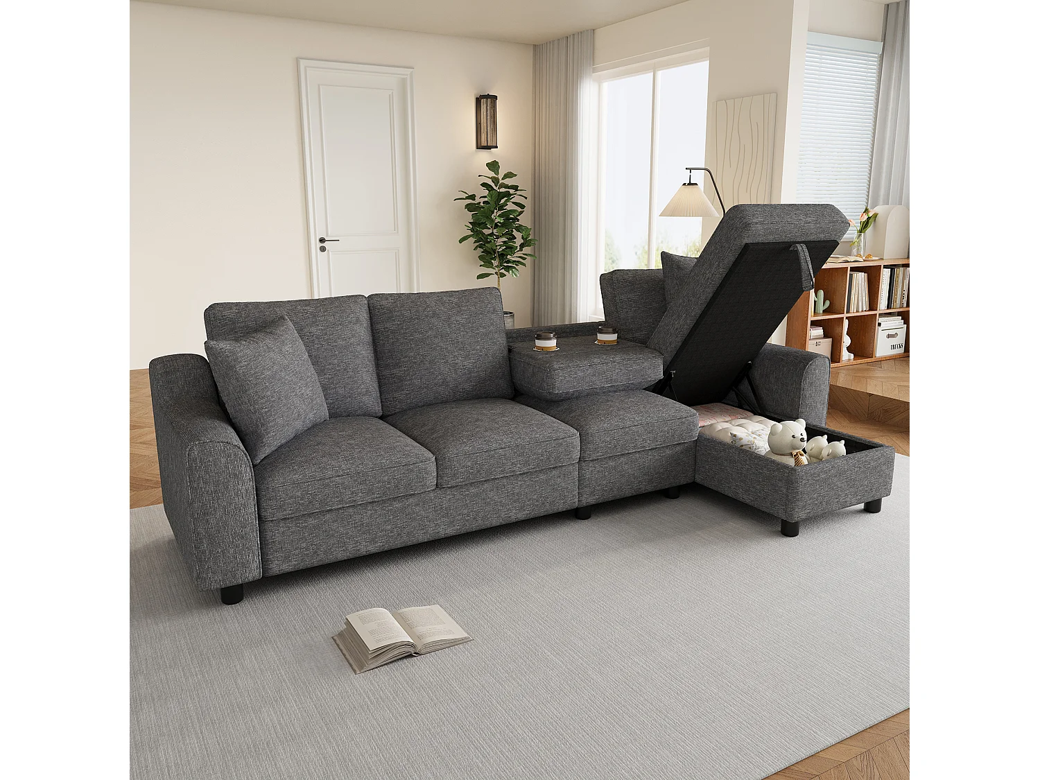Canapé d'angle moderne 3 places - avec méridienne de rangement - dossier rabattable avec porte-gobelets - velours - gris