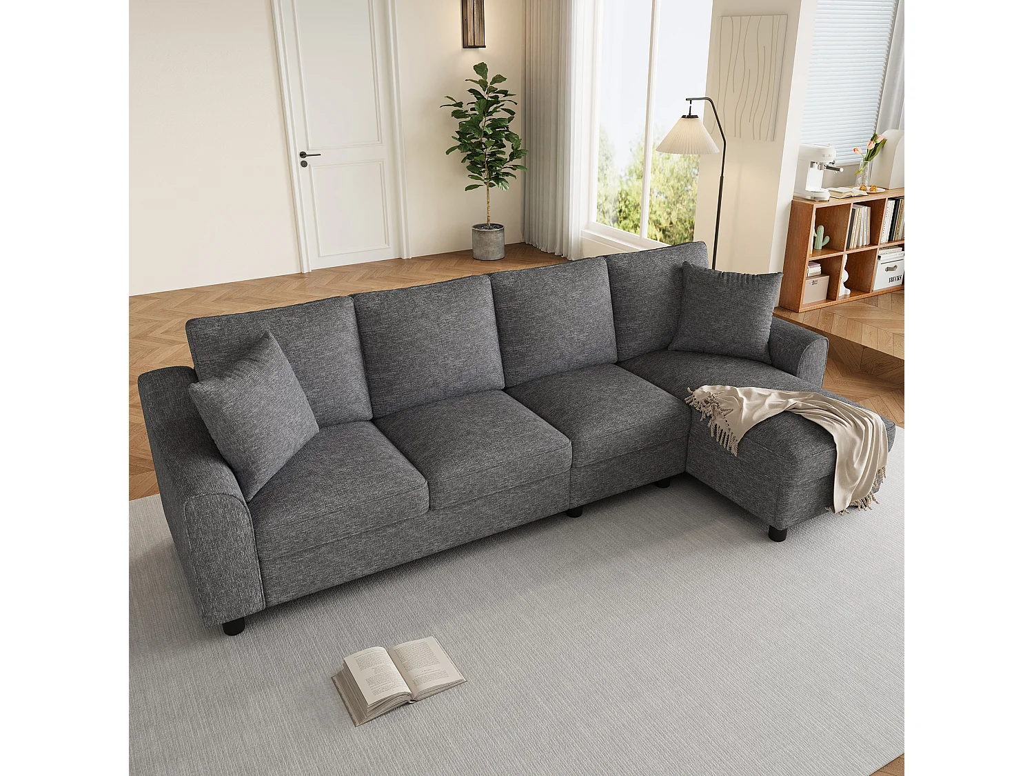 Canapé d'angle moderne 3 places - avec méridienne de rangement - dossier rabattable avec porte-gobelets - velours - gris