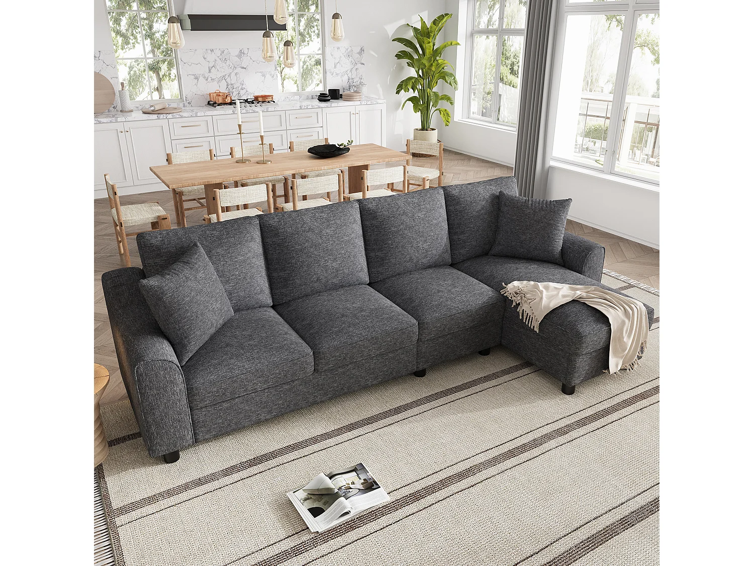 Canapé d'angle moderne 3 places - avec méridienne de rangement - dossier rabattable avec porte-gobelets - velours - gris