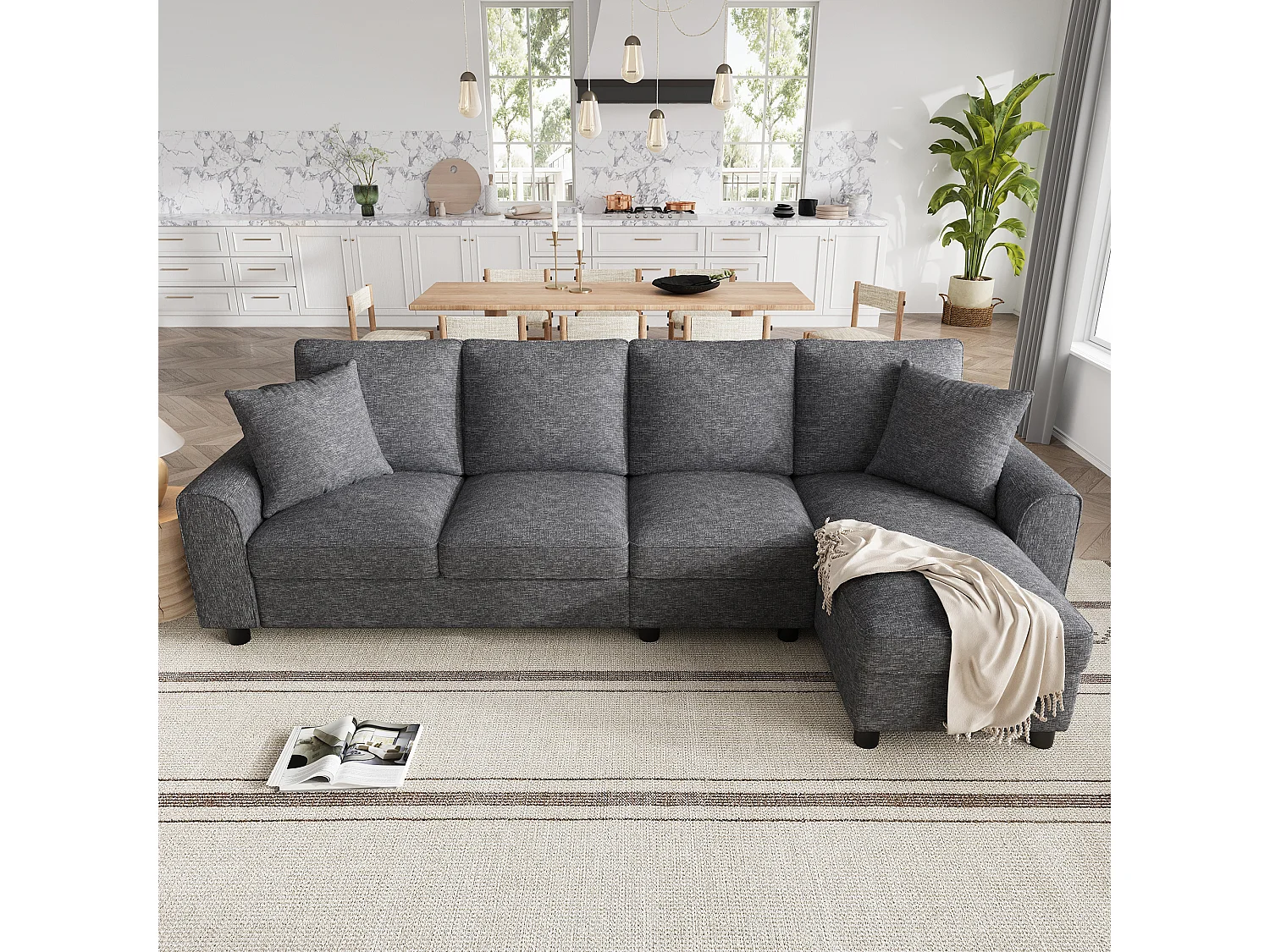 Canapé d'angle moderne 3 places - avec méridienne de rangement - dossier rabattable avec porte-gobelets - velours - gris