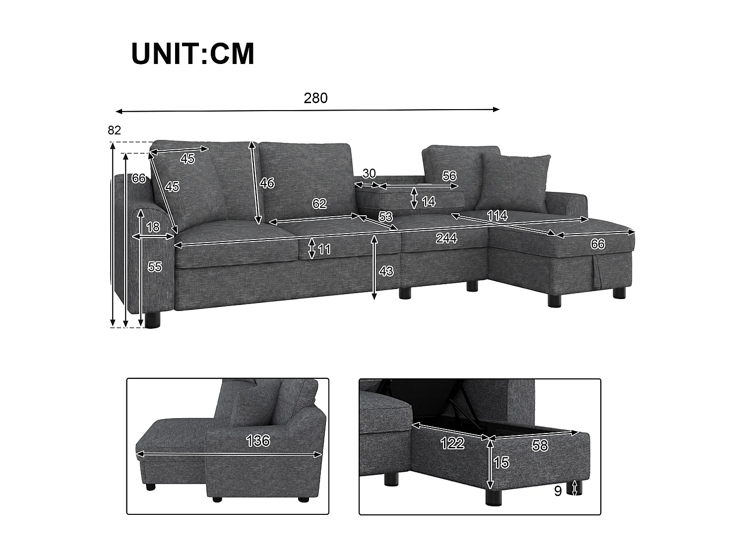 Canapé d'angle moderne 3 places - avec méridienne de rangement - dossier rabattable avec porte-gobelets - velours - gris