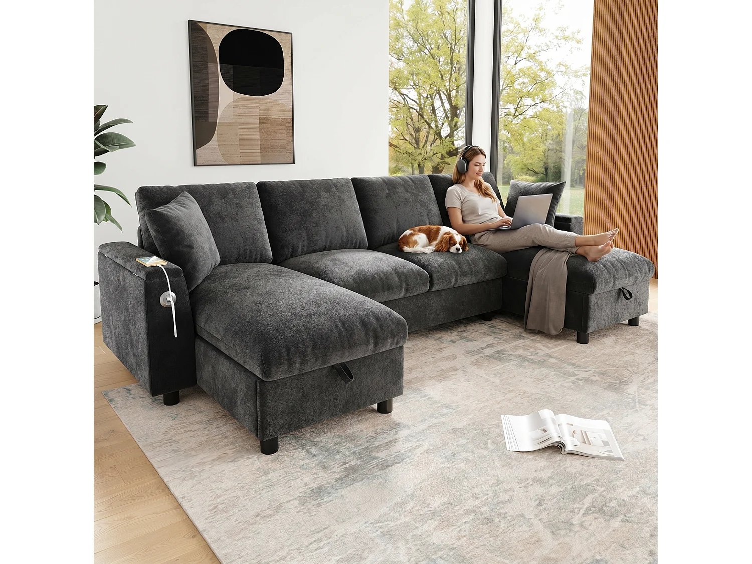 Canapé moderne en forme de U 4 places - 284 x 135 x 84 cm - avec 2 méridienne de rangement + USB - velours - gris
