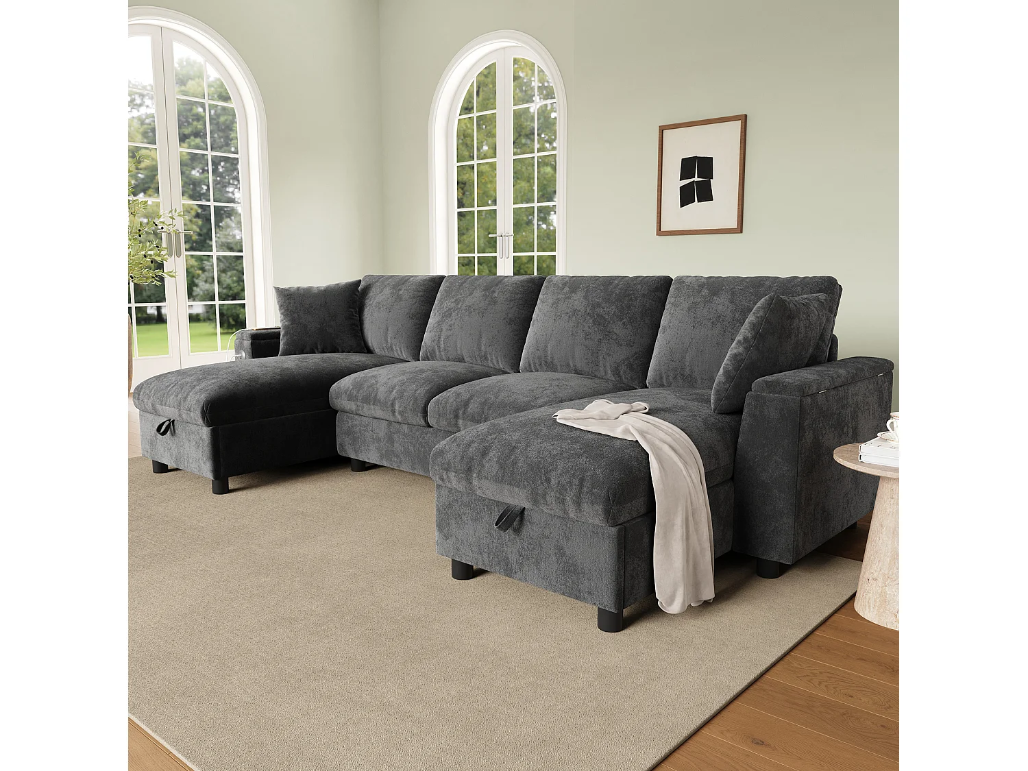 Canapé moderne en forme de U 4 places - 284 x 135 x 84 cm - avec 2 méridienne de rangement + USB - velours - gris