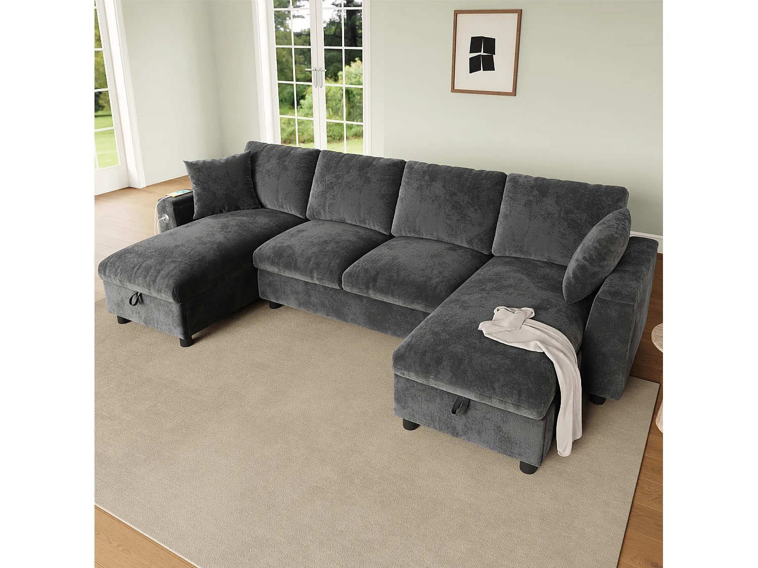 Canapé moderne en forme de U 4 places - 284 x 135 x 84 cm - avec 2 méridienne de rangement + USB - velours - gris