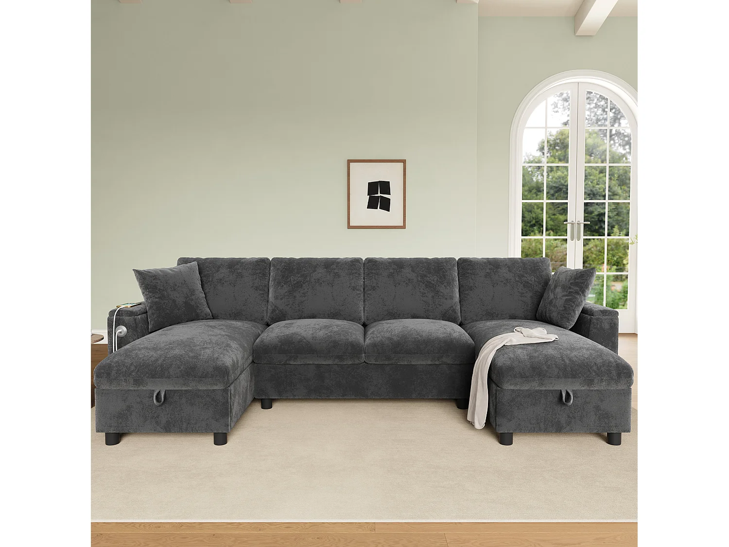 Canapé moderne en forme de U 4 places - 284 x 135 x 84 cm - avec 2 méridienne de rangement + USB - velours - gris