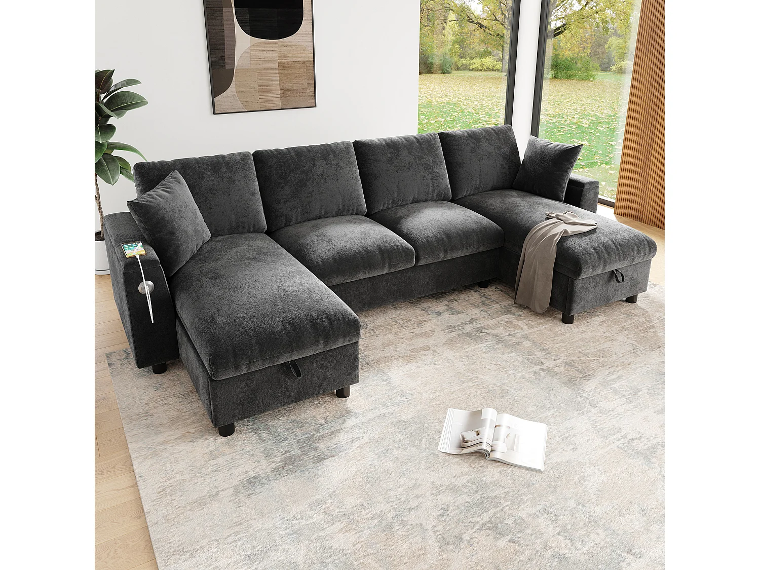 Canapé moderne en forme de U 4 places - 284 x 135 x 84 cm - avec 2 méridienne de rangement + USB - velours - gris