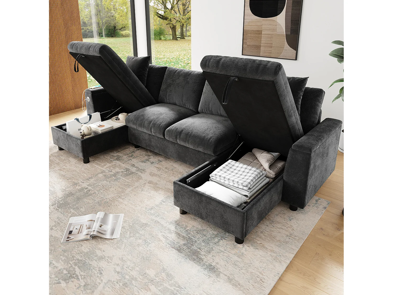 Canapé moderne en forme de U 4 places - 284 x 135 x 84 cm - avec 2 méridienne de rangement + USB - velours - gris