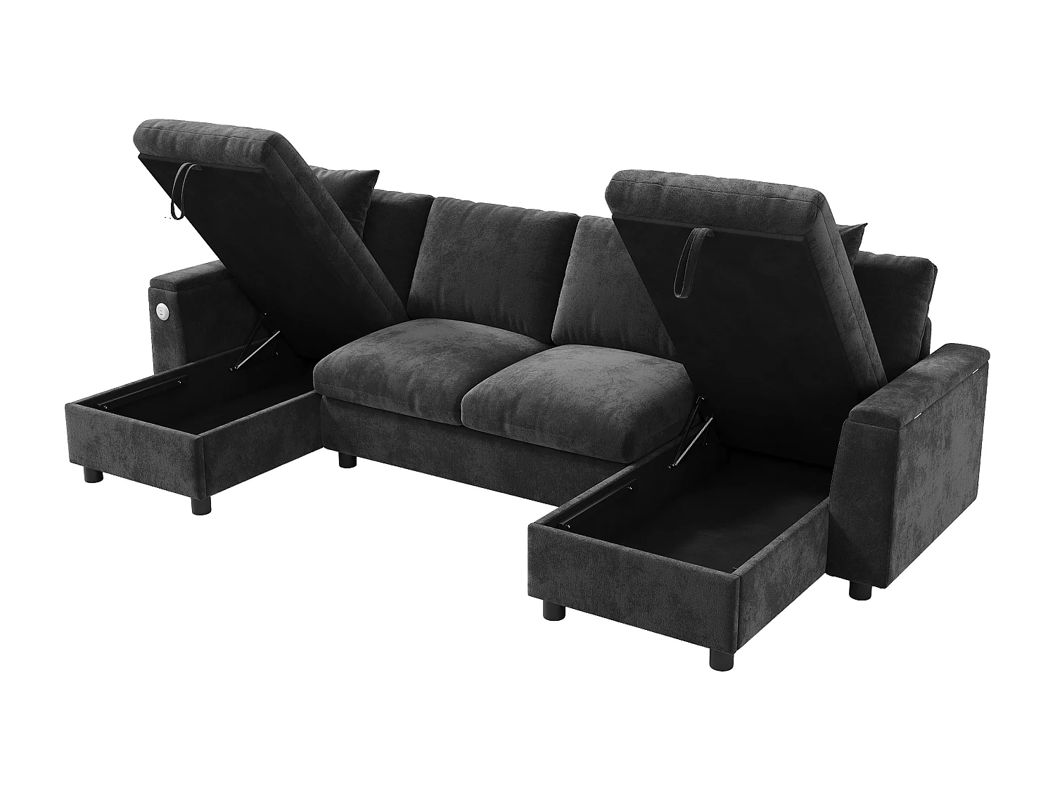Canapé moderne en forme de U 4 places - 284 x 135 x 84 cm - avec 2 méridienne de rangement + USB - velours - gris