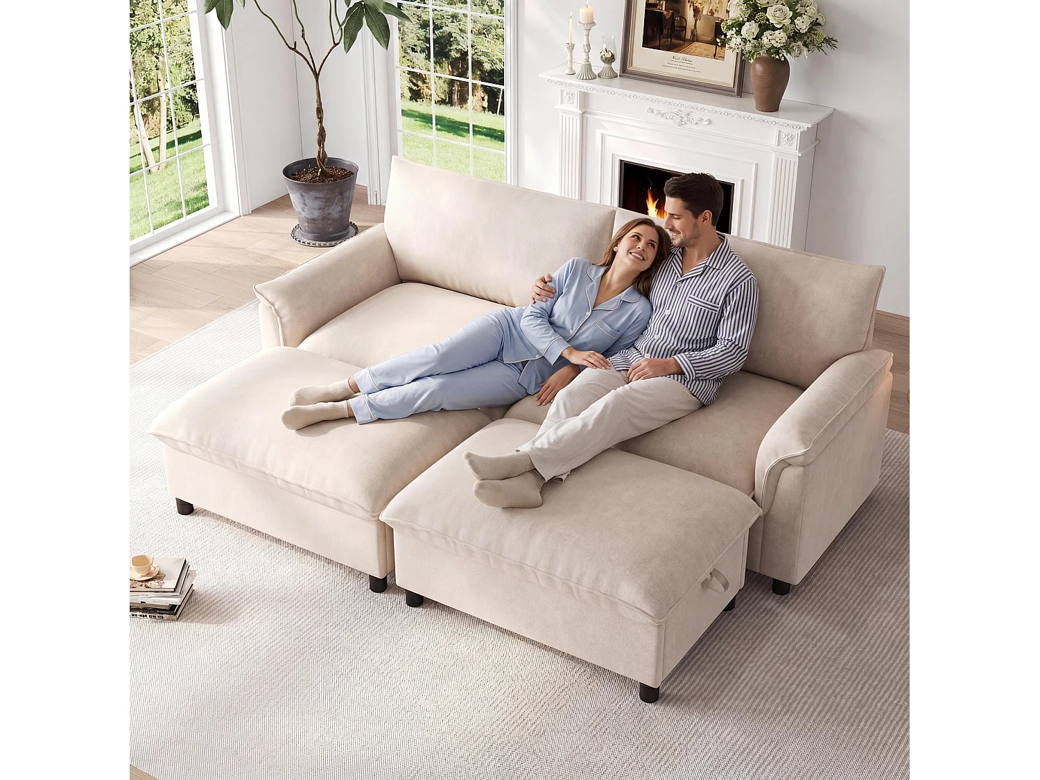 Moderne 2-zitsbank - 216 x 77 x 82 cm - met 2 verwijderbare voetensteunen met opbergruimte - fluweel - beige