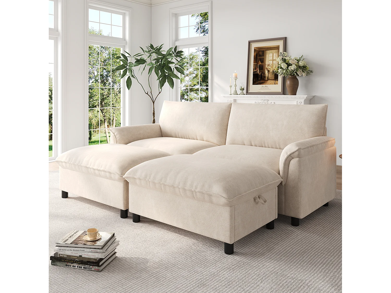 Moderne 2-zitsbank - 216 x 77 x 82 cm - met 2 verwijderbare voetensteunen met opbergruimte - fluweel - beige