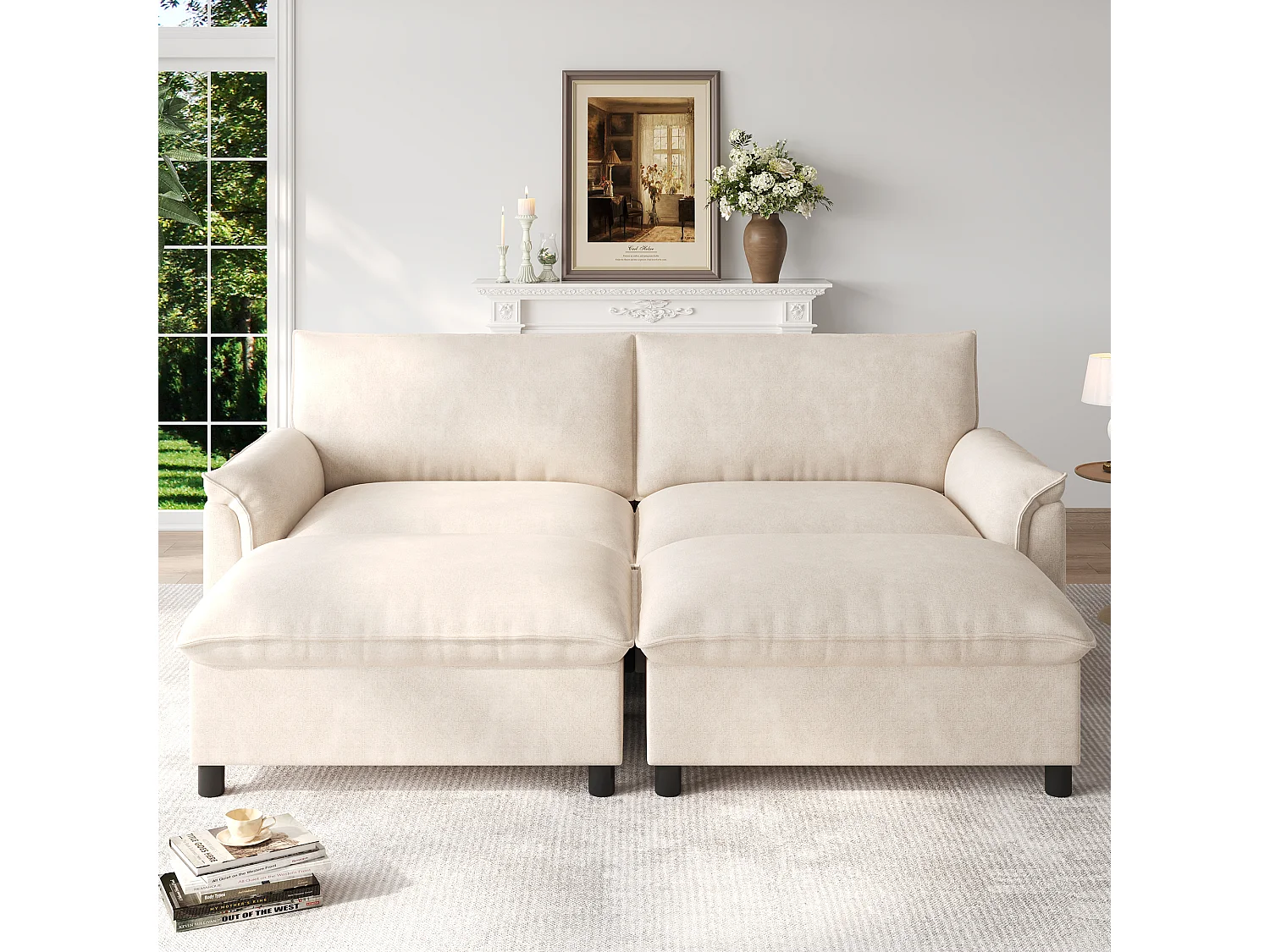 Moderne 2-zitsbank - 216 x 77 x 82 cm - met 2 verwijderbare voetensteunen met opbergruimte - fluweel - beige