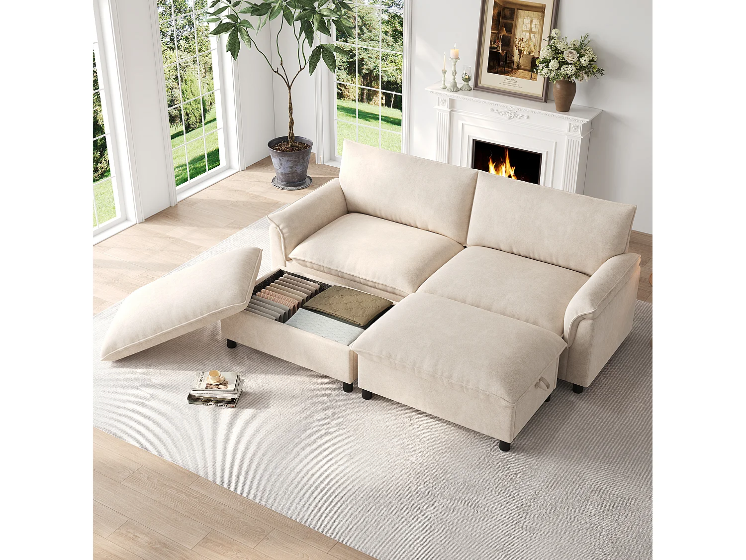 Moderne 2-zitsbank - 216 x 77 x 82 cm - met 2 verwijderbare voetensteunen met opbergruimte - fluweel - beige