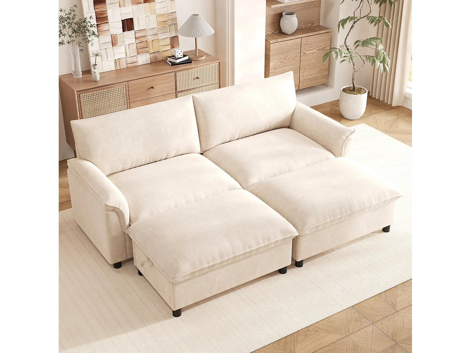 Moderne 2-zitsbank - 216 x 77 x 82 cm - met 2 verwijderbare voetensteunen met opbergruimte - fluweel - beige