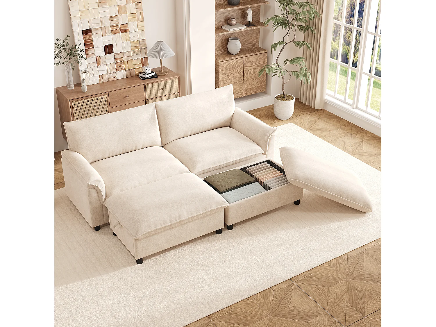 Moderne 2-zitsbank - 216 x 77 x 82 cm - met 2 verwijderbare voetensteunen met opbergruimte - fluweel - beige