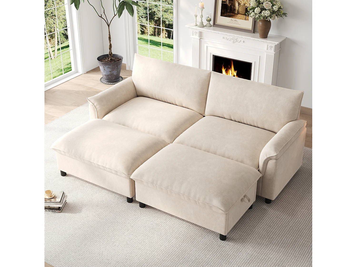 Moderne 2-zitsbank - 216 x 77 x 82 cm - met 2 verwijderbare voetensteunen met opbergruimte - fluweel - beige