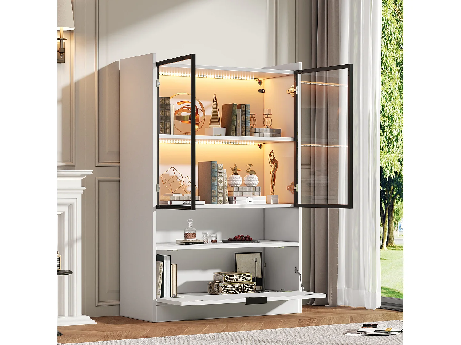 Moderne Vitrine mit matter Oberfläche – 80 x 35 x 120 cm – mit LED-Beleuchtung, Glastüren und Klapptür – Spanplatte – weiß