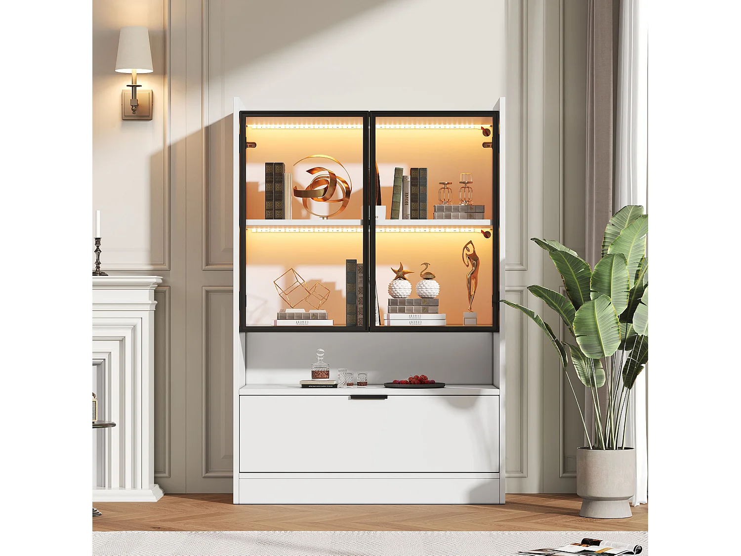 Moderne Vitrine mit matter Oberfläche – 80 x 35 x 120 cm – mit LED-Beleuchtung, Glastüren und Klapptür – Spanplatte – weiß