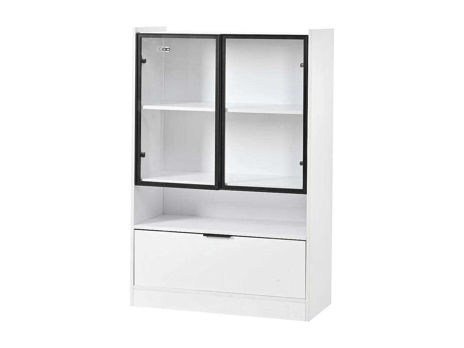 Moderne Vitrine mit matter Oberfläche – 80 x 35 x 120 cm – mit LED-Beleuchtung, Glastüren und Klapptür – Spanplatte – weiß