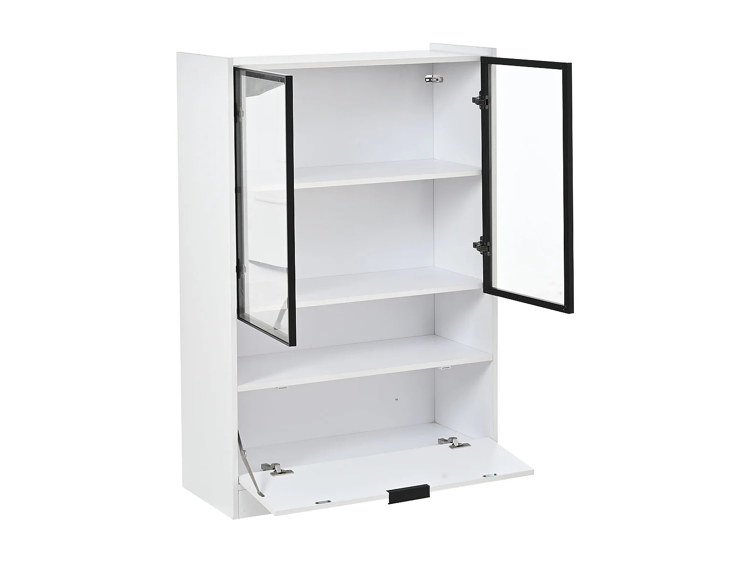 Moderne Vitrine mit matter Oberfläche – 80 x 35 x 120 cm – mit LED-Beleuchtung, Glastüren und Klapptür – Spanplatte – weiß