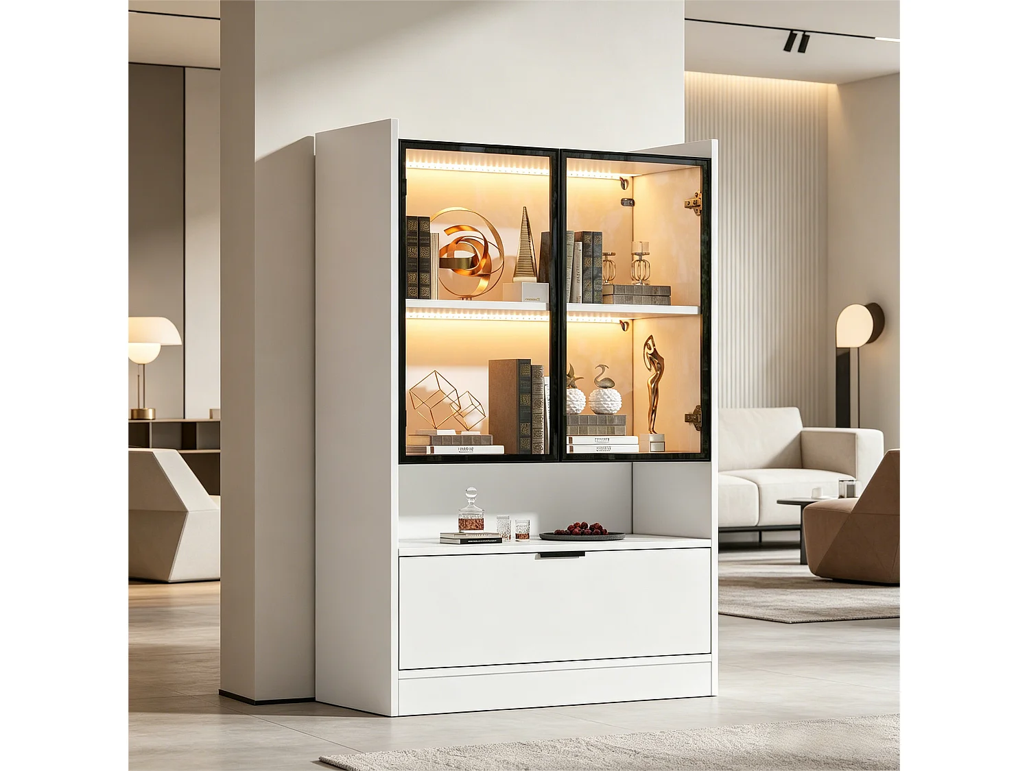 Moderne Vitrine mit matter Oberfläche – 80 x 35 x 120 cm – mit LED-Beleuchtung, Glastüren und Klapptür – Spanplatte – weiß