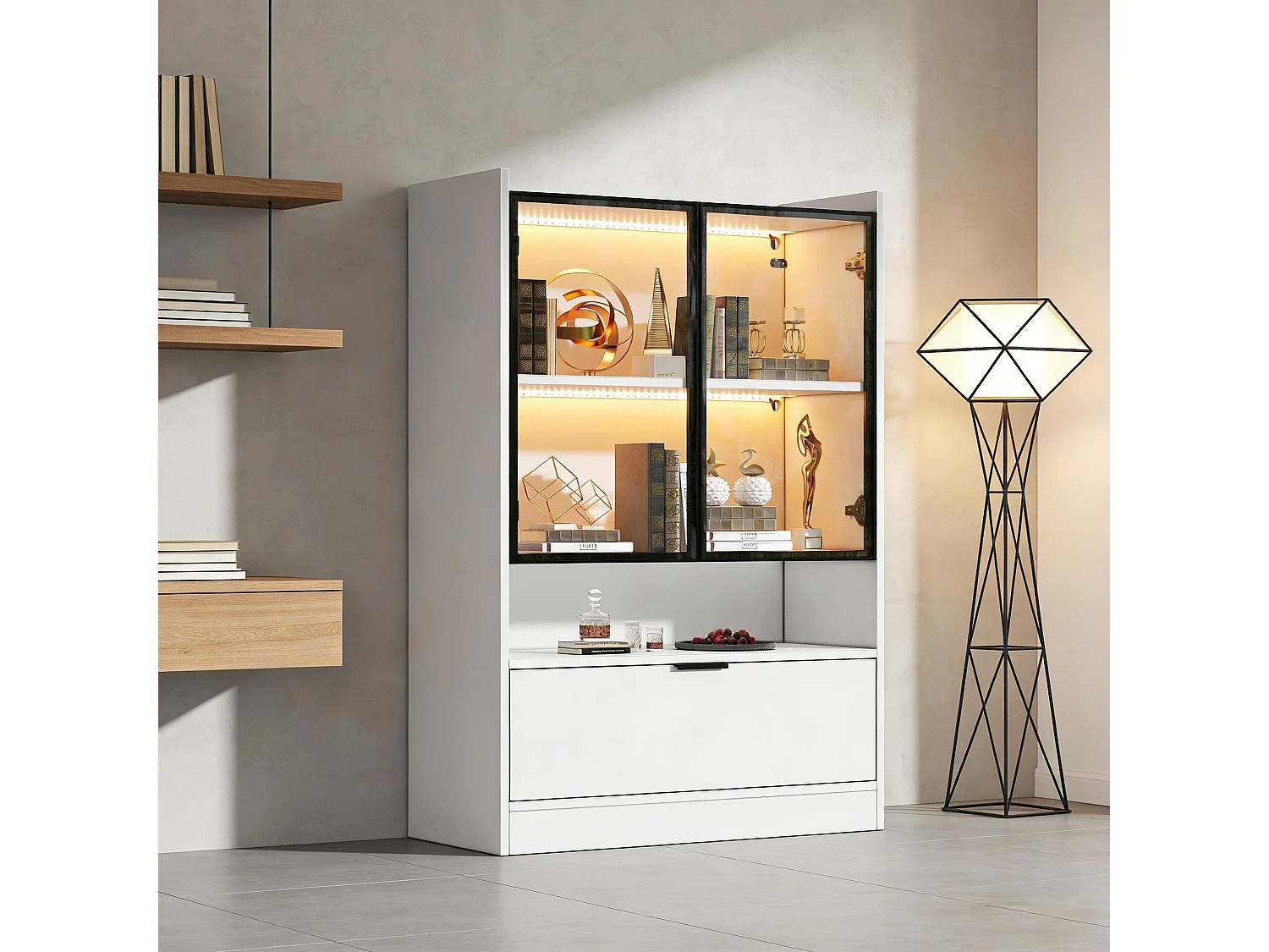 Moderne Vitrine mit matter Oberfläche – 80 x 35 x 120 cm – mit LED-Beleuchtung, Glastüren und Klapptür – Spanplatte – weiß