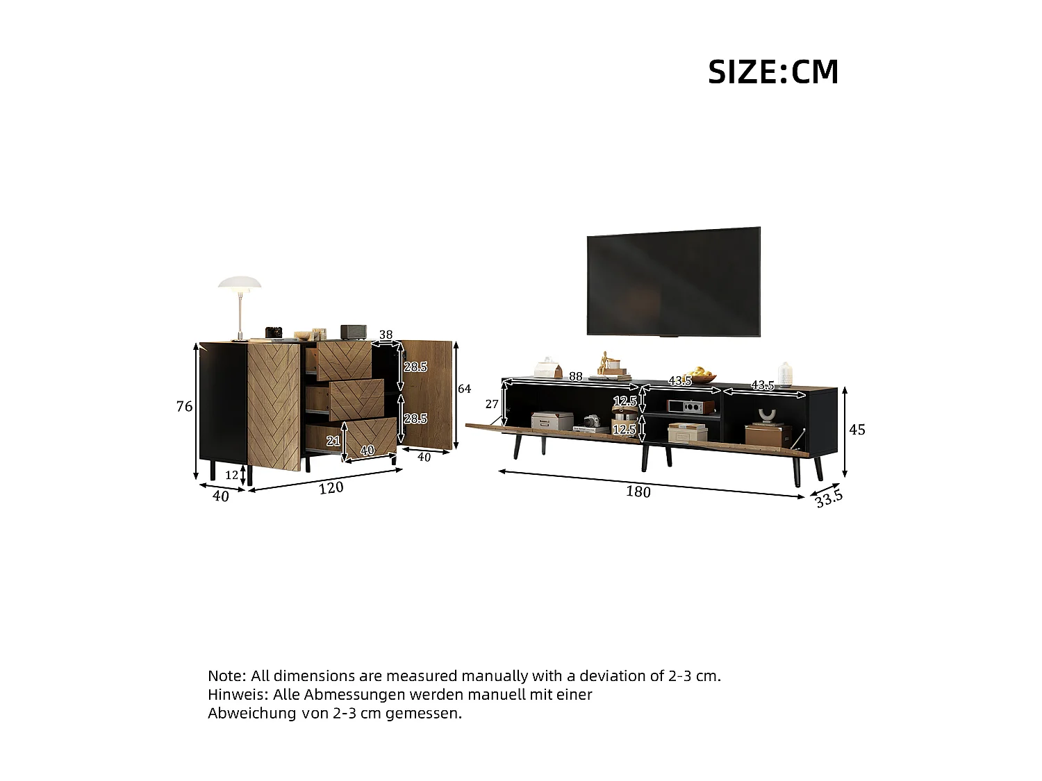 2-delige woonkamerset - tv-meubel + dressoir - met lades + deuren + plank - spaanplaat - naturel